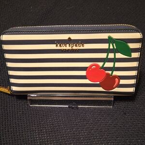 Kate Spade Navy & Cream Striped Wallet with Cherry Accent...like New!